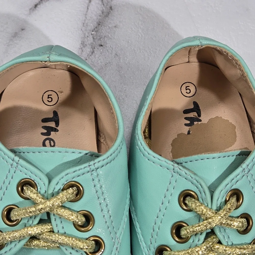 The Doll Maker Oxford Shoes Girls Size 5 Mint Green Gold Floral Cutout Dress